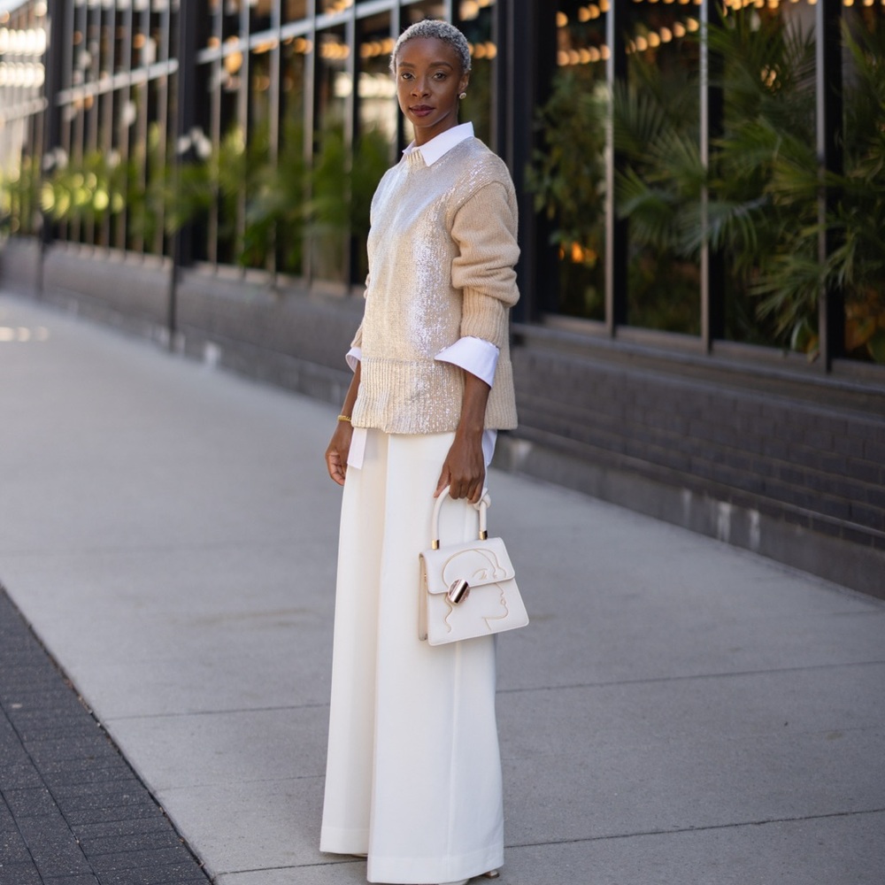 Lafayette 148 New York Cream Metallic Crewneck Sweater